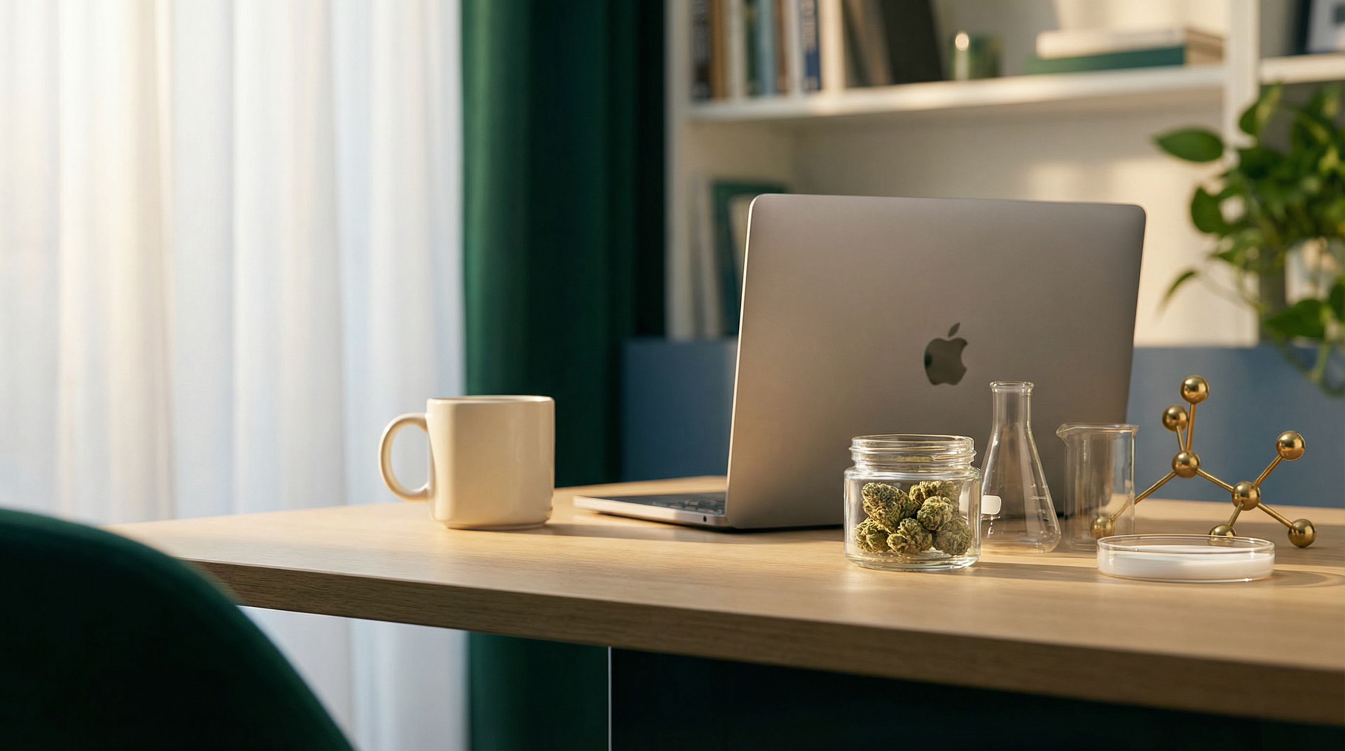 Modern home office workspace with cannabis flower - focus and productivity setup