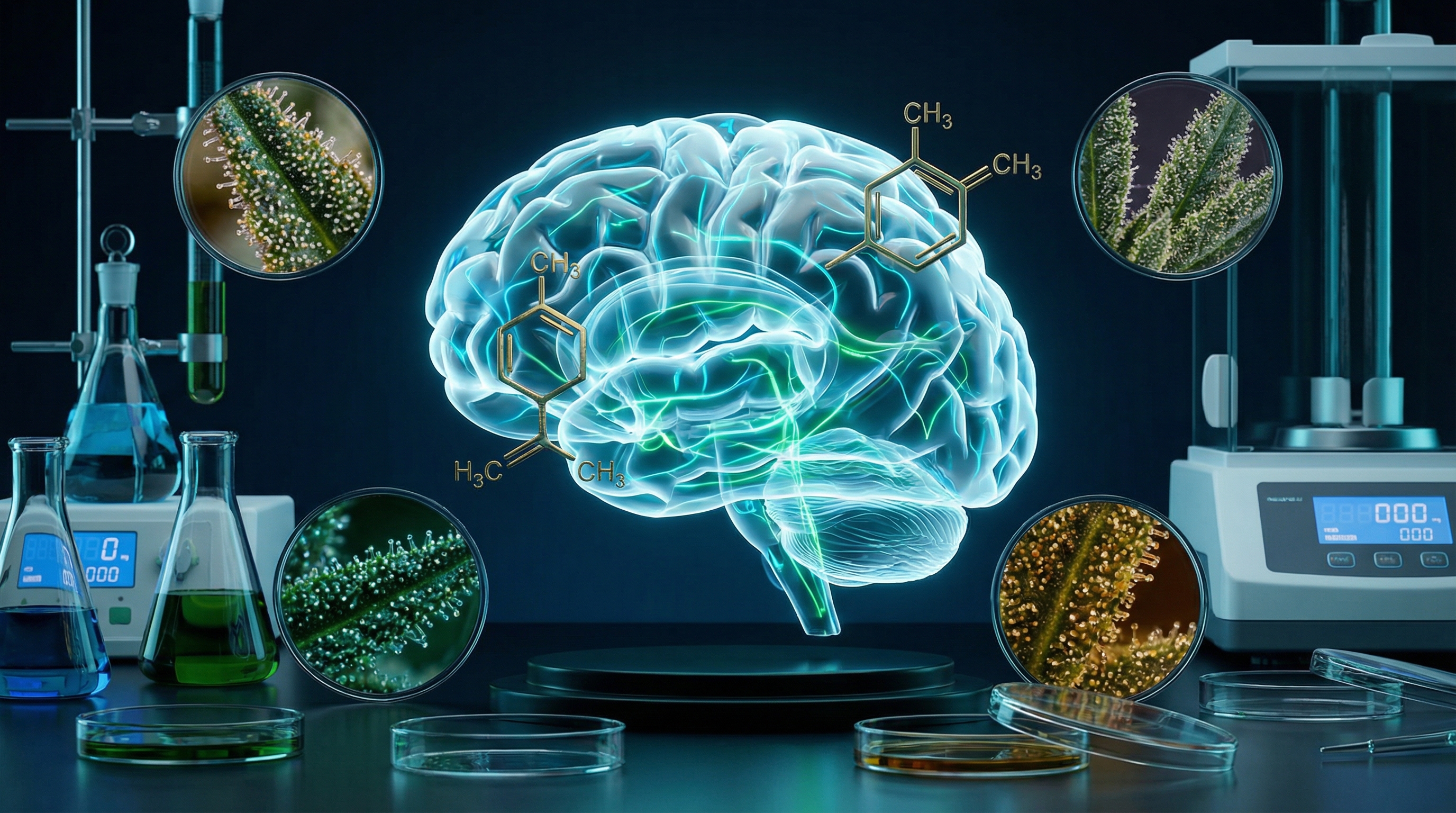 Scientific brain illustration with terpene molecular structures