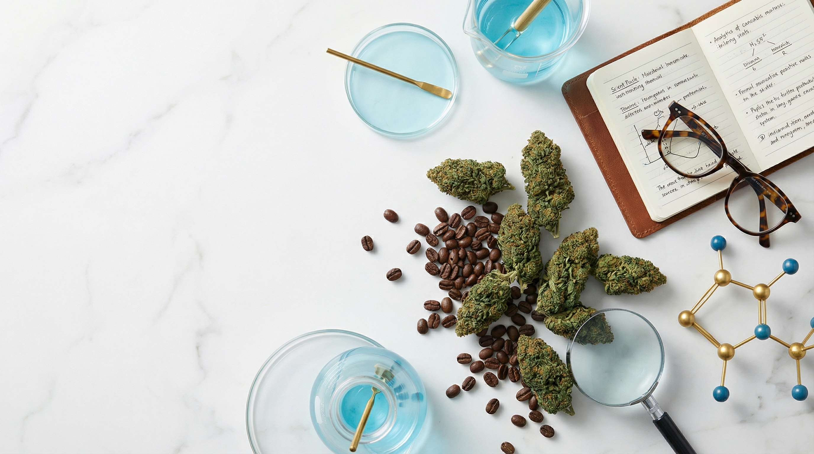 Cannabis flower flat lay with productivity items - coffee, notebook, glasses