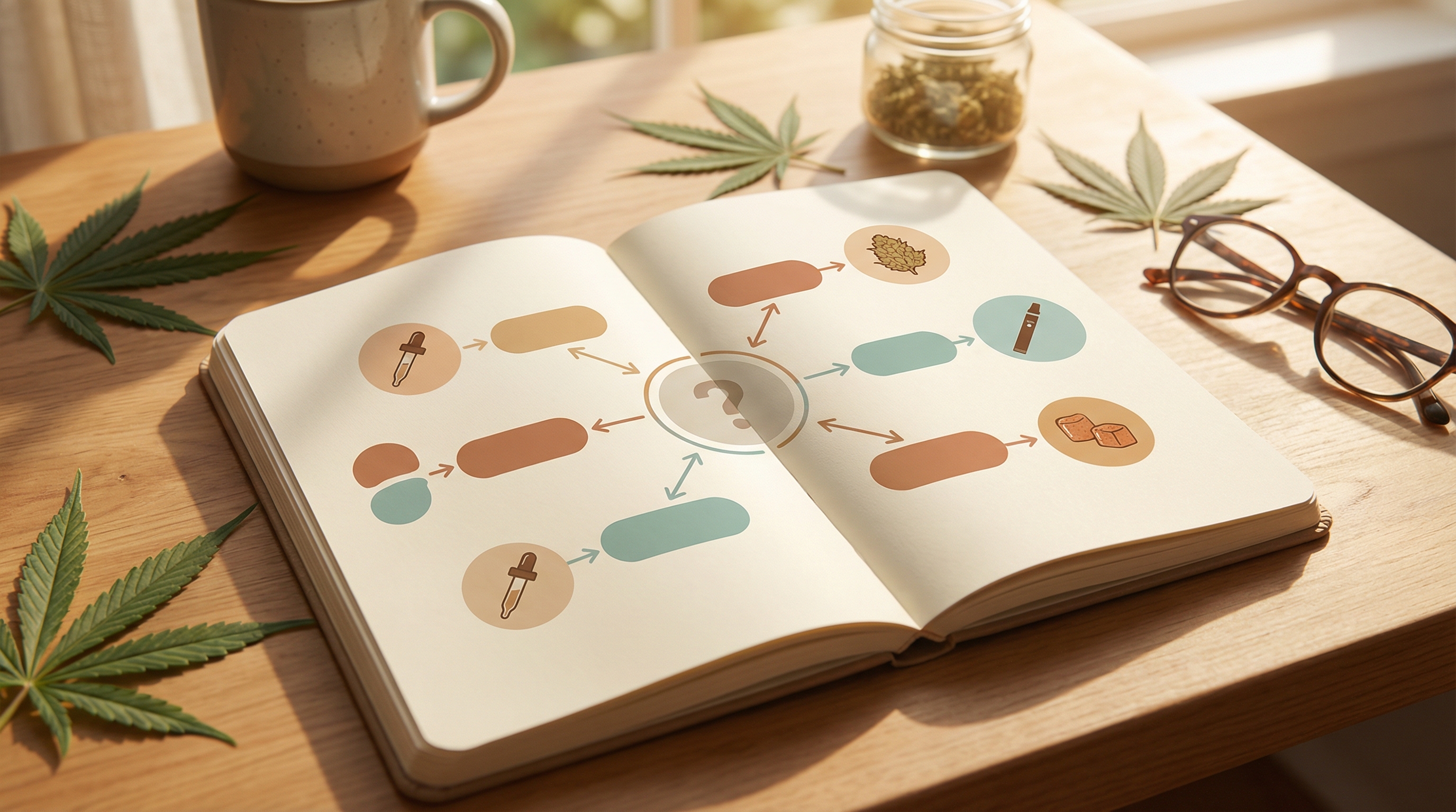 Decision flowchart helping choose between cannabis consumption methods based on priorities like speed, duration, and lung health