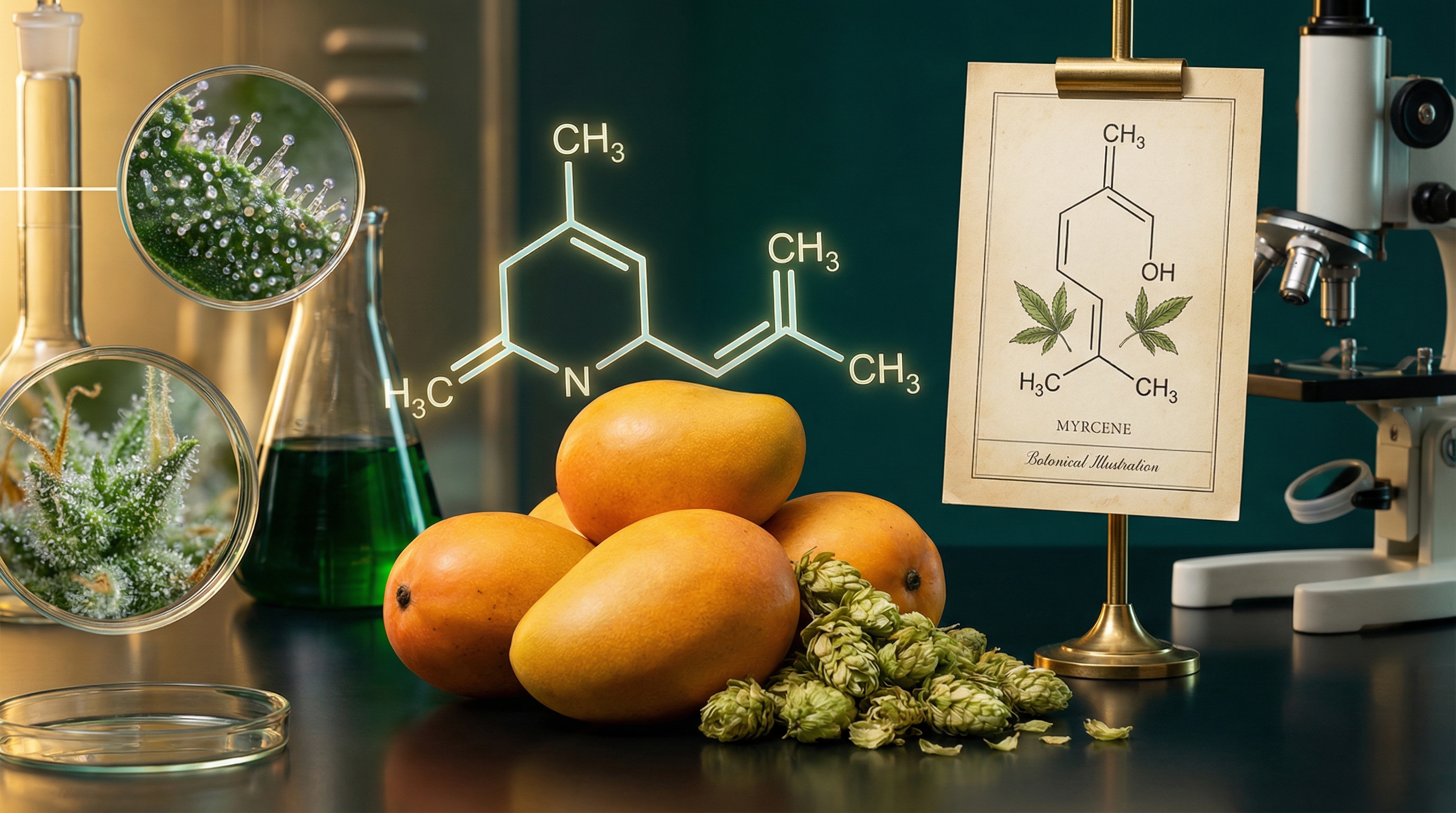 Myrcene is found in mangoes, hops, and many relaxing cannabis strains - authoritative yet accessible, modern, professional style illustration for The Complete Guide to Cannabis Terpenes: Aromas, Effects & The Big 6