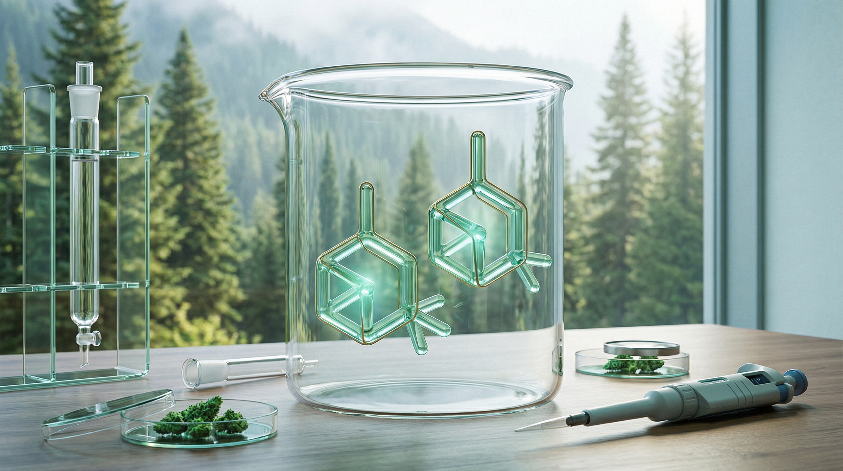 Pinene comes in two forms (alpha and beta) and delivers the fresh scent of pine forests - authoritative yet accessible, modern, professional style illustration for The Complete Guide to Cannabis Terpenes: Aromas, Effects & The Big 6