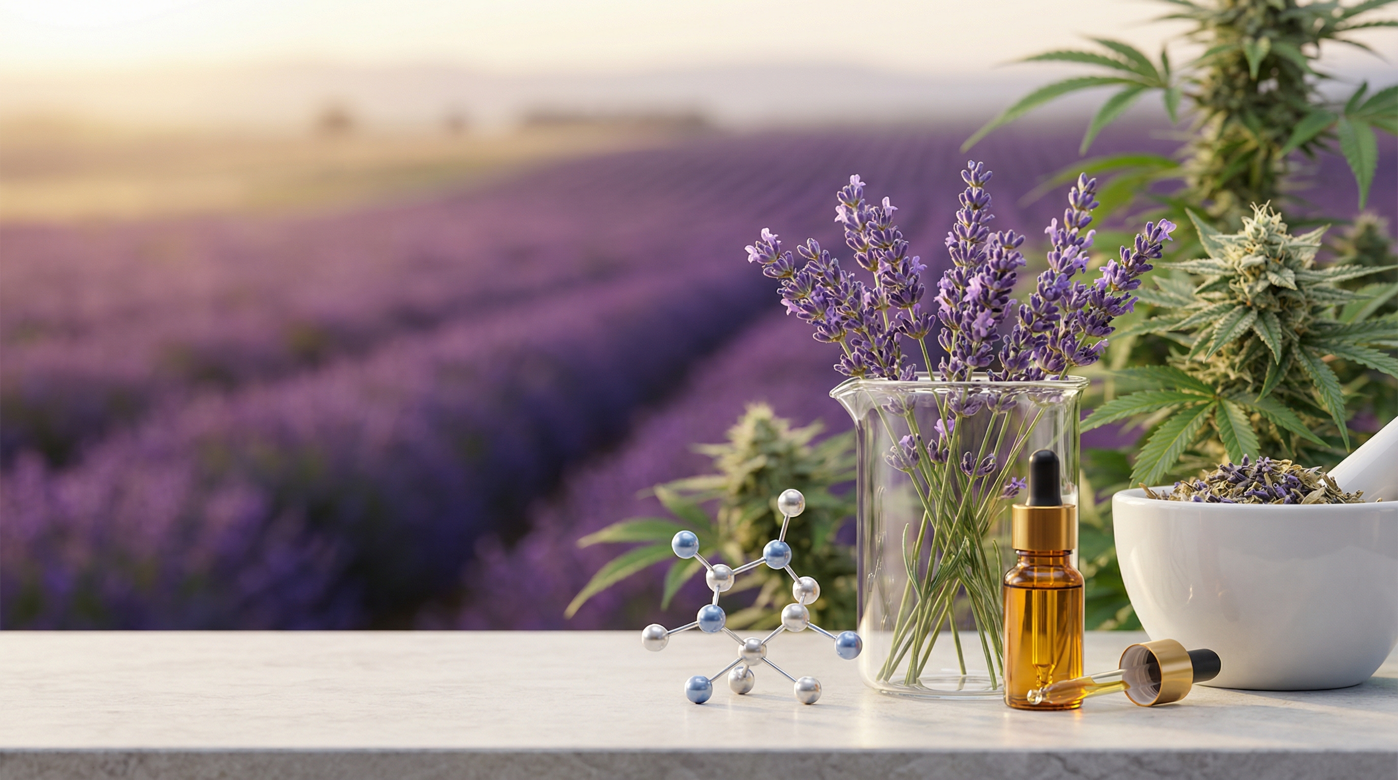 Linalool brings the calming essence of lavender fields to cannabis - authoritative yet accessible, modern, professional style illustration for The Complete Guide to Cannabis Terpenes: Aromas, Effects & The Big 6