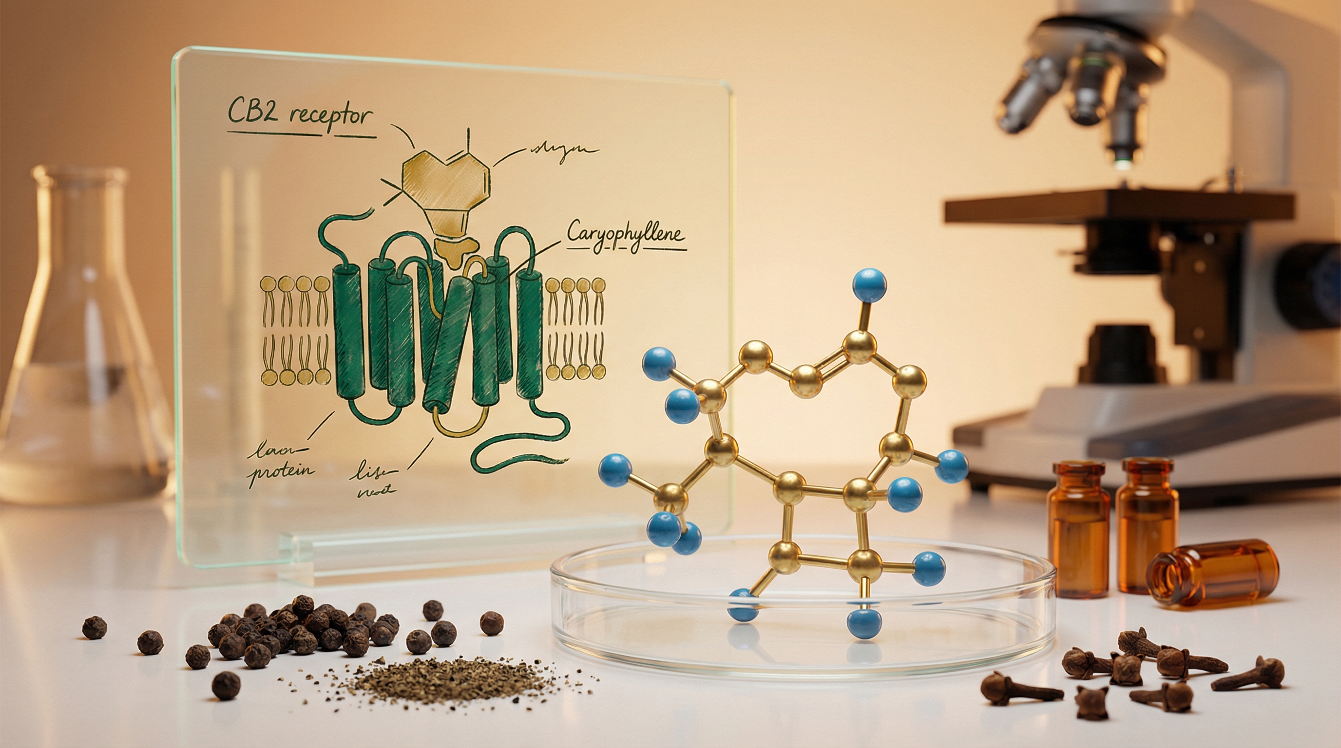 Caryophyllene is the only terpene that directly binds to cannabinoid receptors - authoritative yet accessible, modern, professional style illustration for The Complete Guide to Cannabis Terpenes: Aromas, Effects & The Big 6