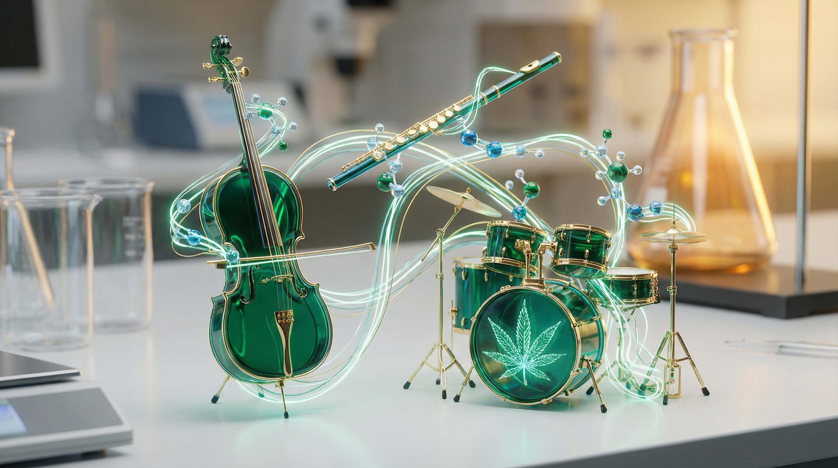 Cannabis compounds work together like an orchestra - each player enhances the whole performance - authoritative yet accessible, modern, professional style illustration for The Entourage Effect Explained: Your Complete Guide to Cannabis Compound Synergy