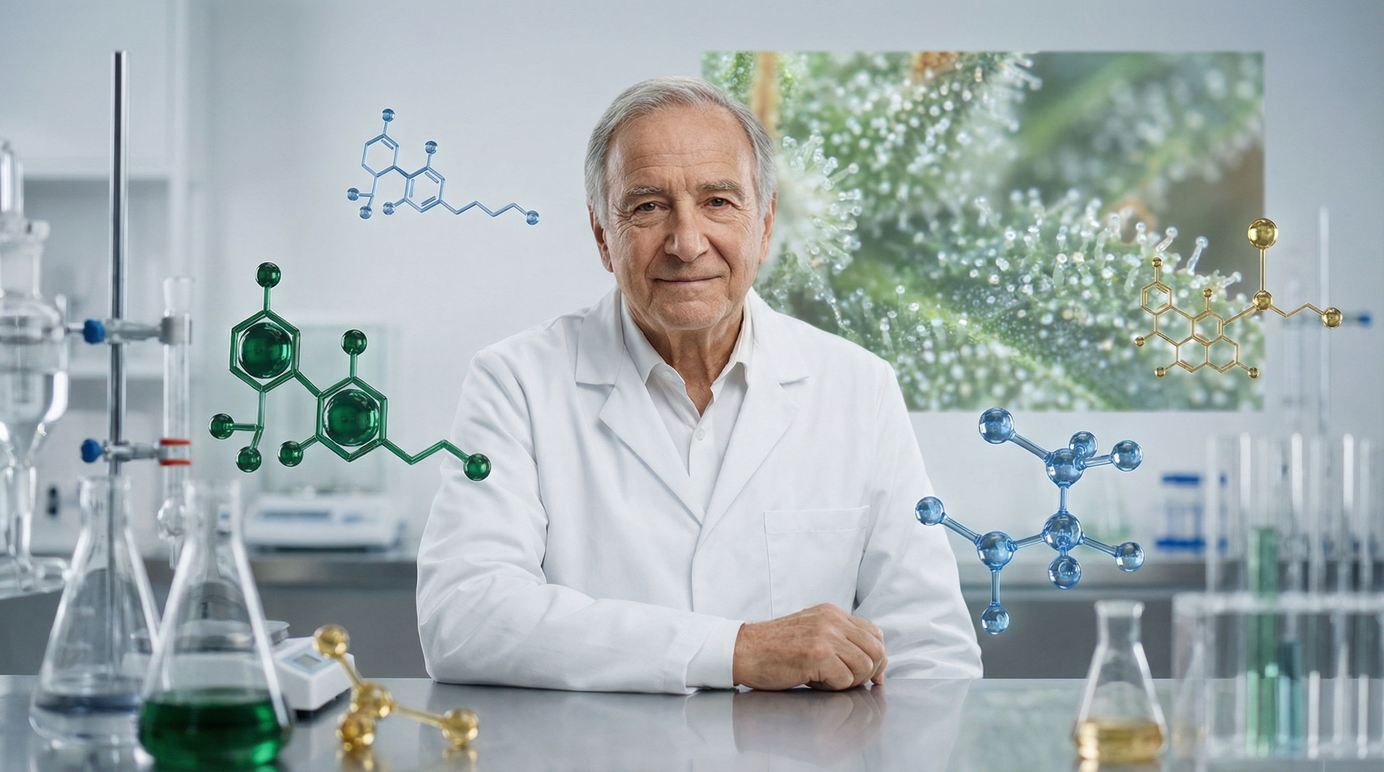 Dr. Raphael Mechoulam - authoritative yet accessible, modern, professional style illustration for The Entourage Effect Explained: Your Complete Guide to Cannabis Compound Synergy