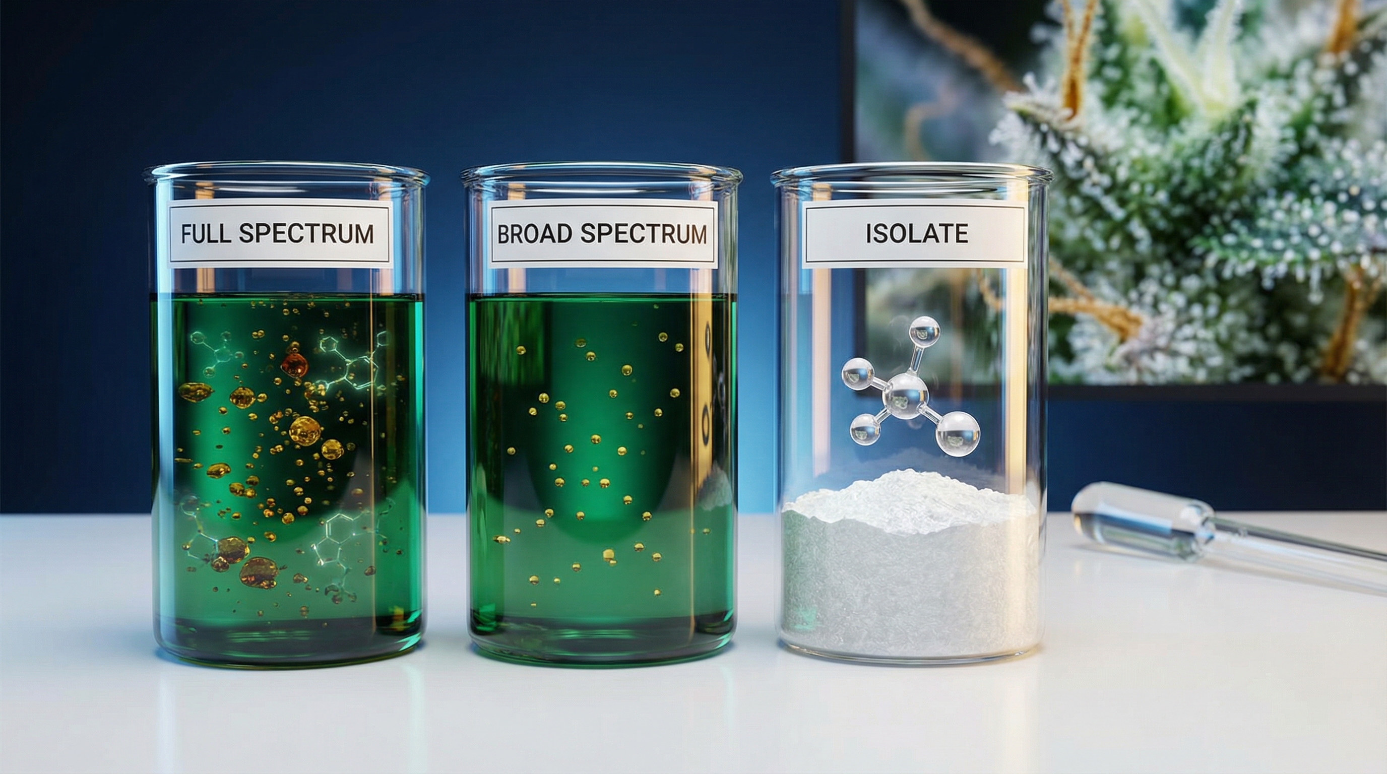 Full-spectrum, broad-spectrum, and isolate products offer different levels of the entourage effect - authoritative yet accessible, modern, professional style illustration for The Entourage Effect Explained: Your Complete Guide to Cannabis Compound Synergy