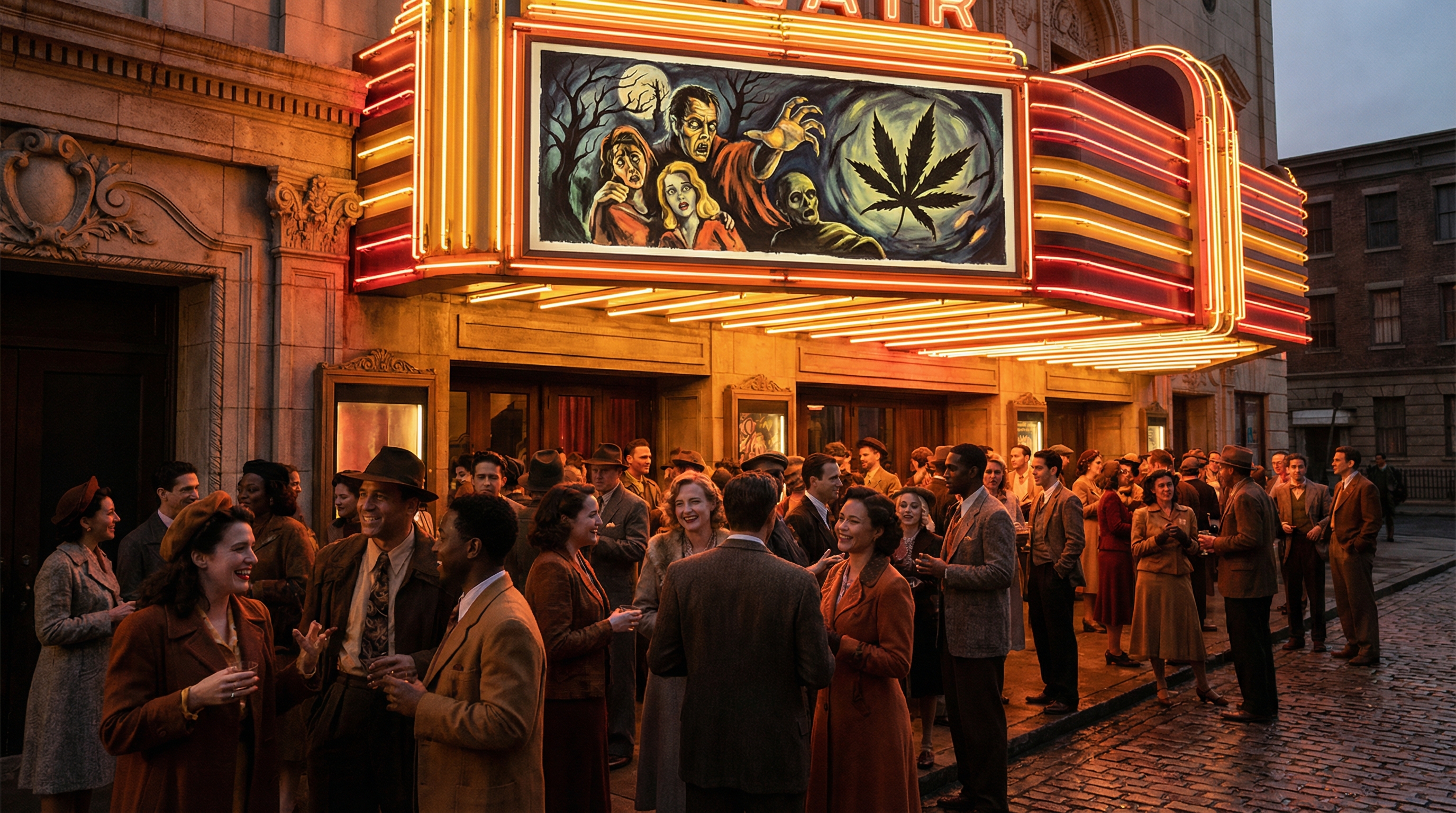 1930s movie theater marquee with dramatic poster - vintage Hollywood aesthetic