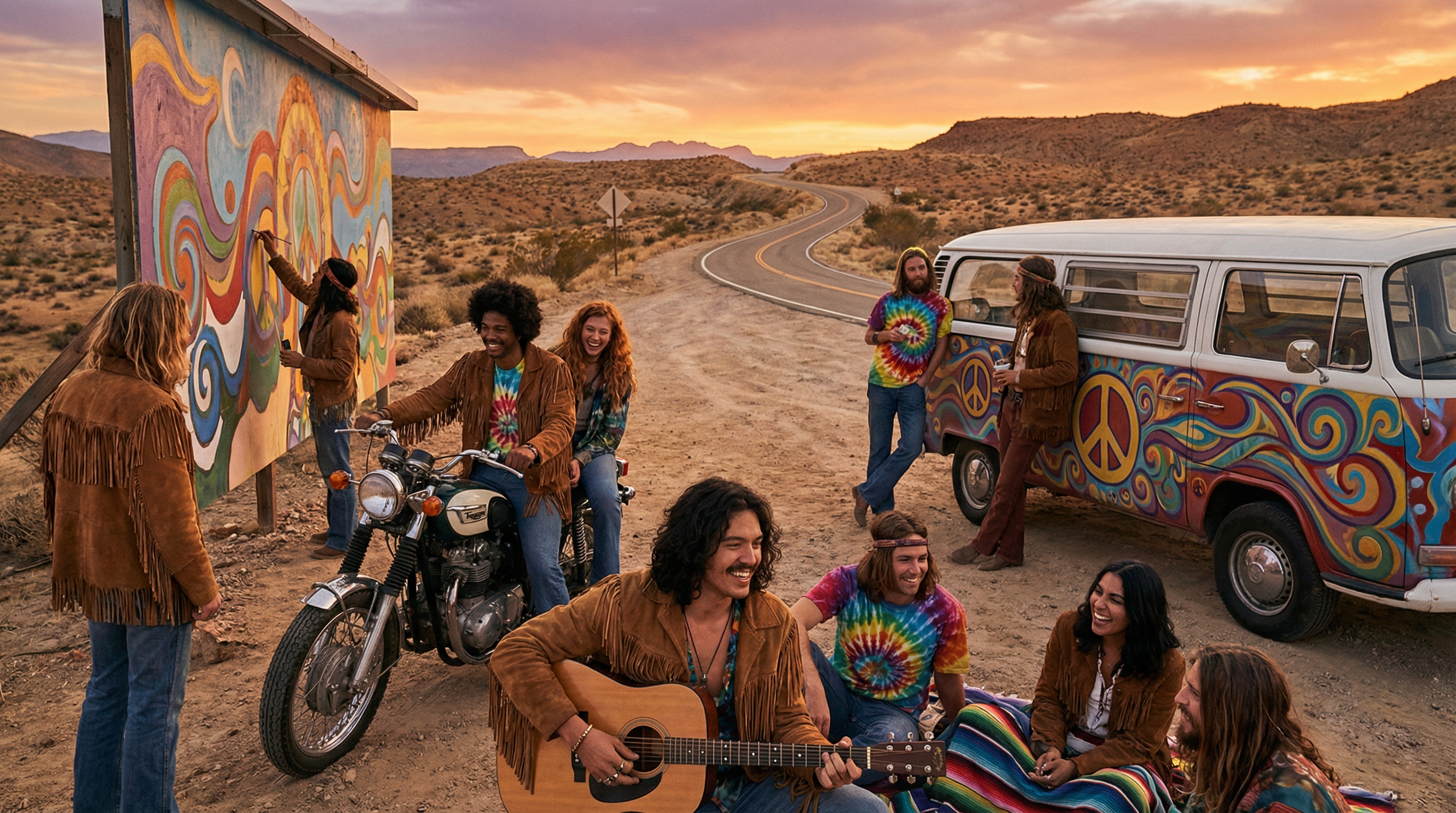 1960s counterculture scene with motorcycle on desert highway - Easy Rider aesthetic