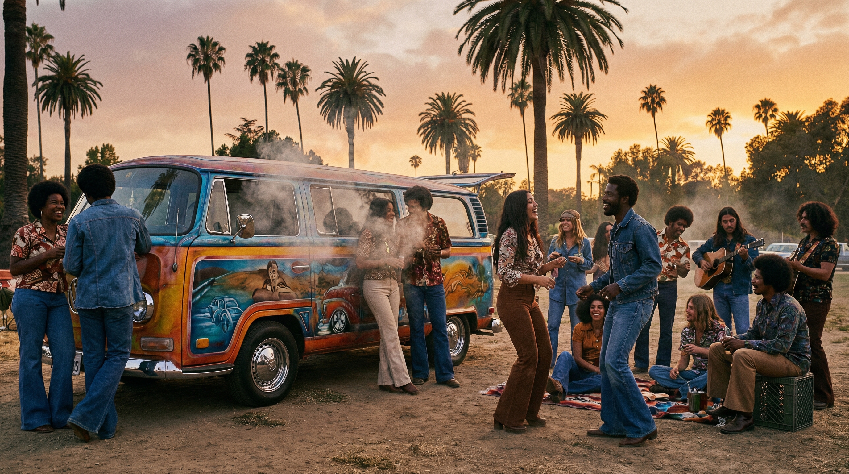 1970s lowrider van with smoke - Up in Smoke stoner comedy aesthetic