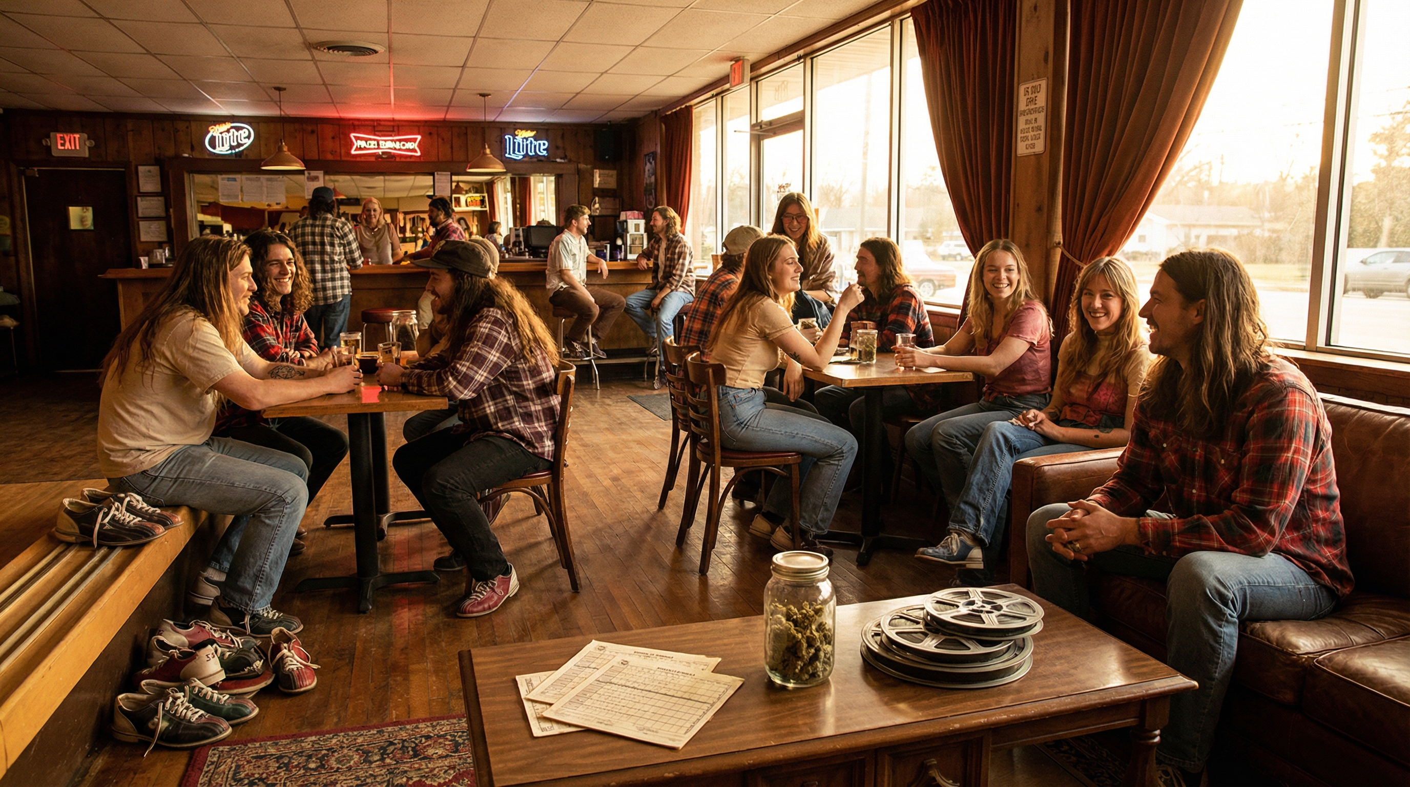1990s bowling alley with neon lights - The Big Lebowski aesthetic