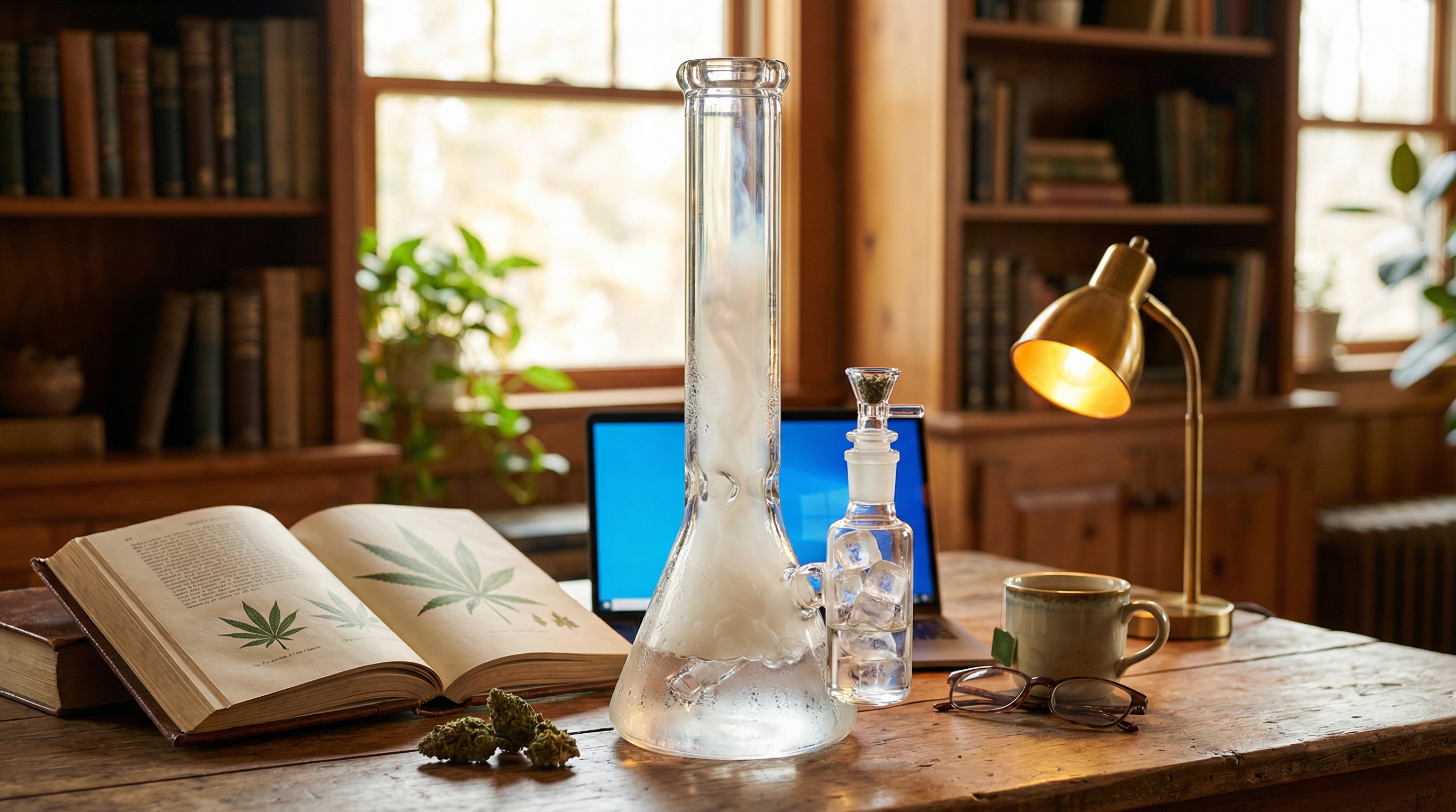Cold water creates dense, milky smoke with rapid cooling - welcoming, educational, approachable, inviting style illustration for Hot vs Cold Bong Water: The Science of Water Temperature for Smoother Hits