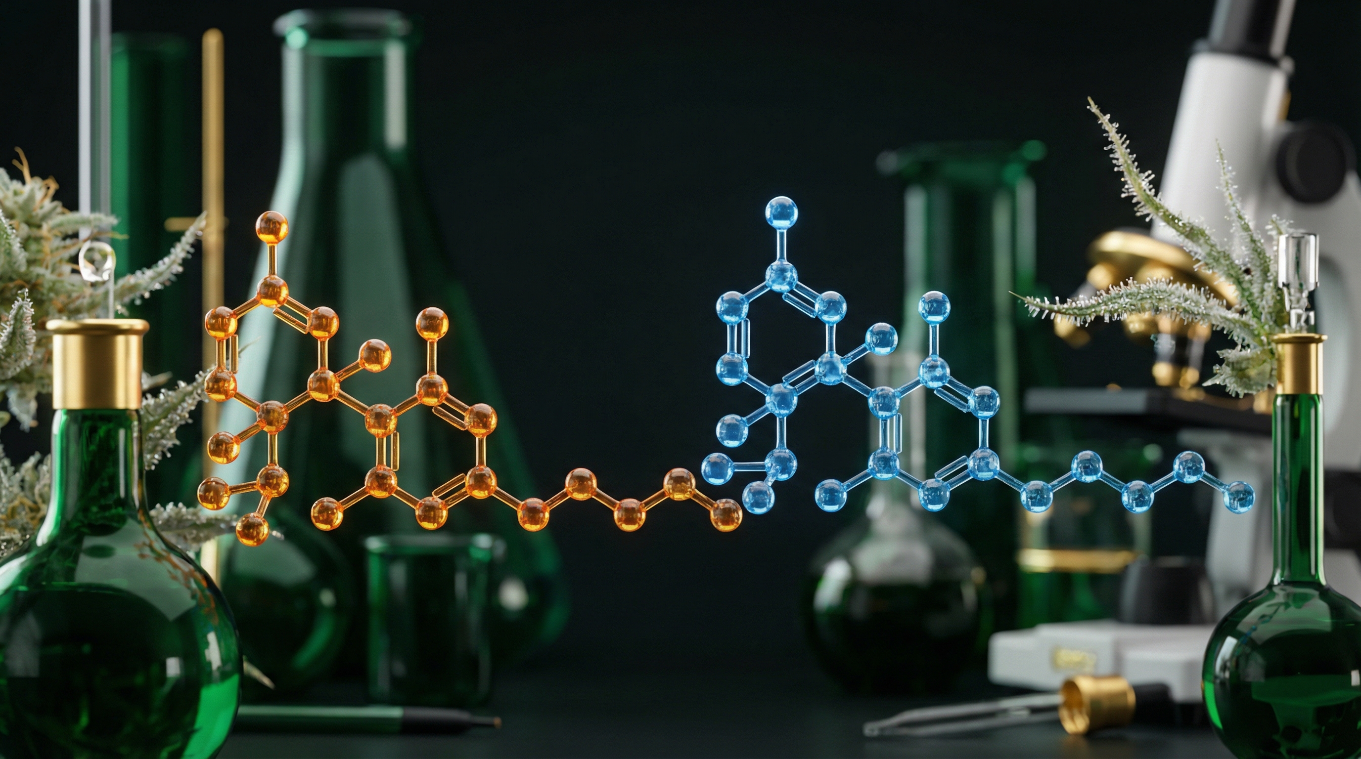 THC and CBD share the same molecular formula but with atoms arranged differently - authoritative yet accessible, modern, professional style illustration for THC vs CBD: Understanding Cannabis's Two Most Famous Molecules
