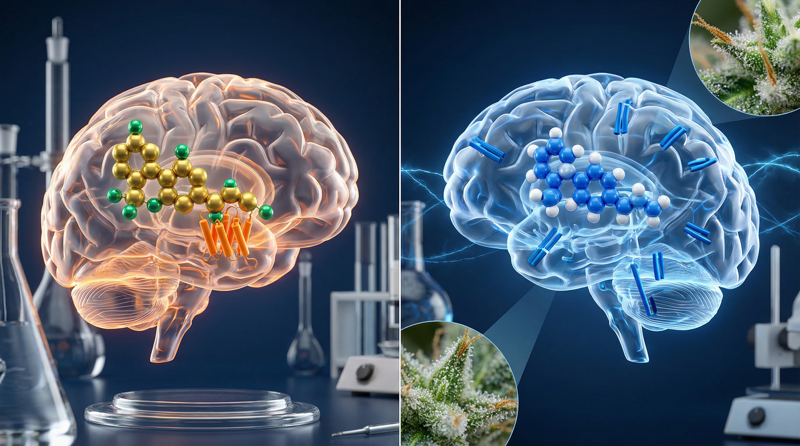 THC binds directly to CB1 receptors while CBD works through indirect mechanisms - authoritative yet accessible, modern, professional style illustration for THC vs CBD: Understanding Cannabis's Two Most Famous Molecules