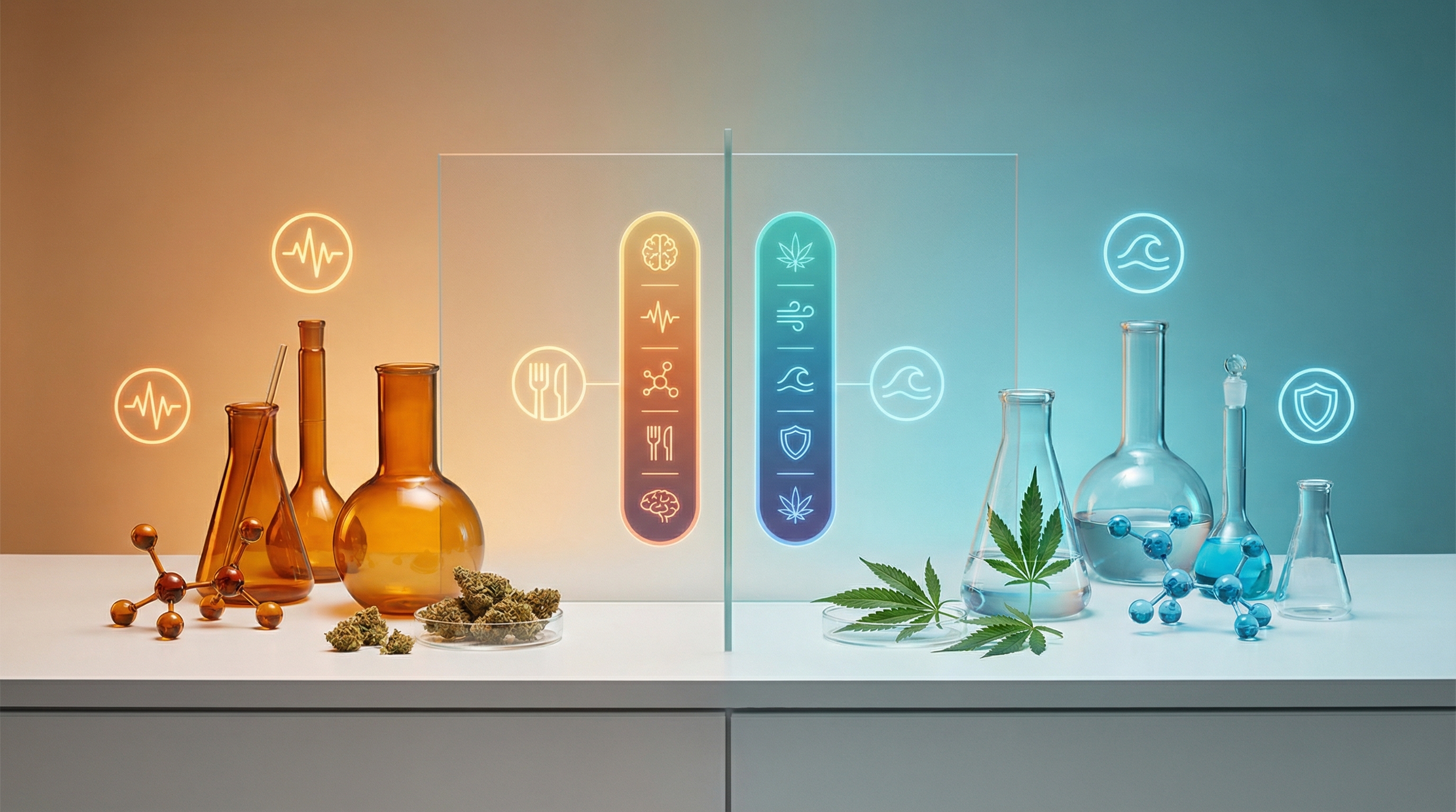 THC and CBD produce distinctly different effects despite coming from the same plant - authoritative yet accessible, modern, professional style illustration for THC vs CBD: Understanding Cannabis's Two Most Famous Molecules
