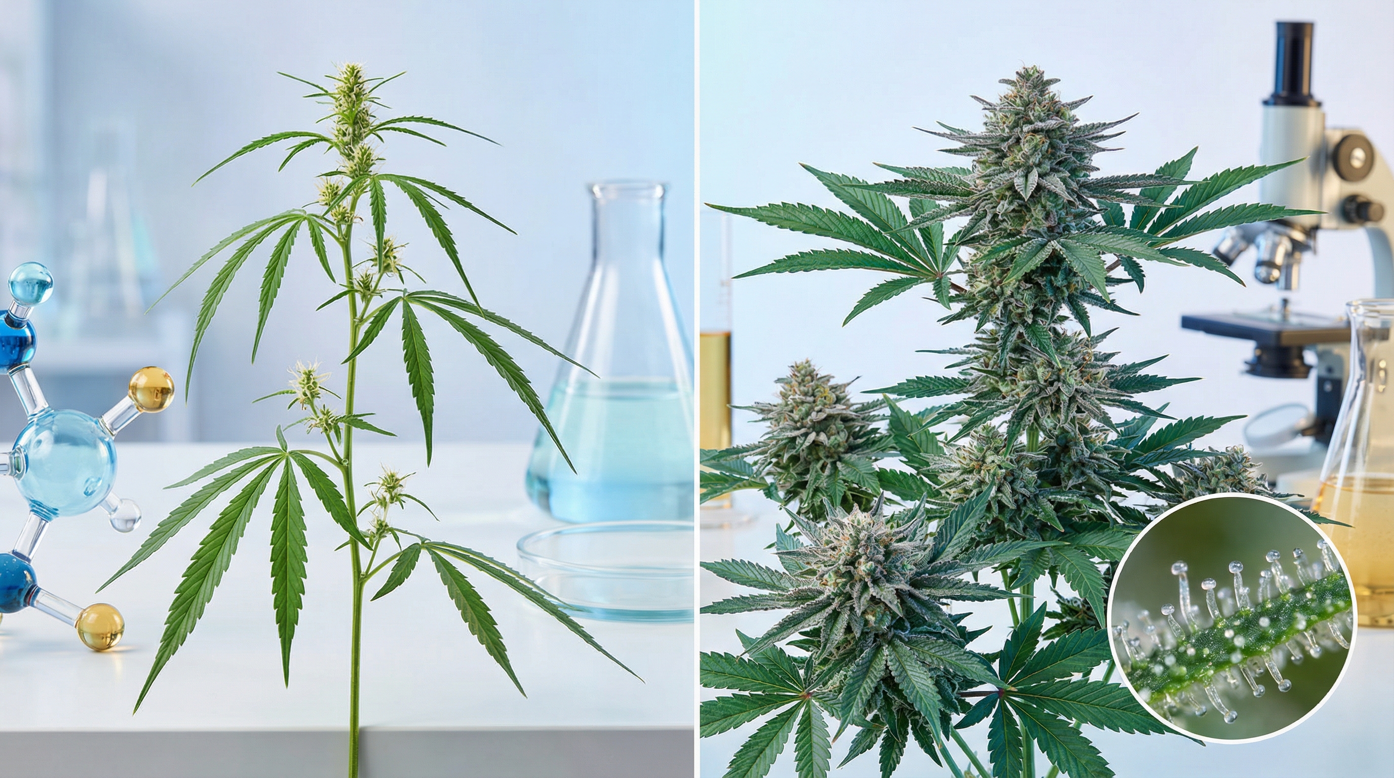 Hemp-derived CBD is legal federally, while THC remains a controlled substance - authoritative yet accessible, modern, professional style illustration for THC vs CBD: Understanding Cannabis's Two Most Famous Molecules